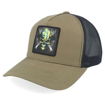 Iconic - Brun trucker Keps - Army Skull Patch Coffee/Black A-frame Trucker @ Hatstore