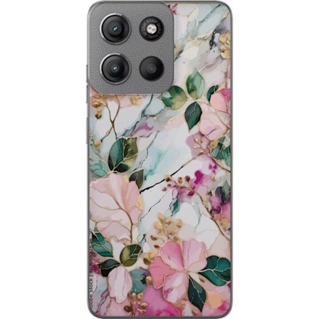 Kompatibel Mobilcover til Motorola Moto G15 Abstrakt marmormønster med blomster, blade og gyldne detaljer i bløde pastelfarver