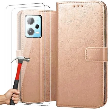 Skyddshölje - E.F.CONNECTION - Redmi Note 12 Pro+ - Guld lädereffekt - 2 Härdat glas - Stötabsorberande 360°