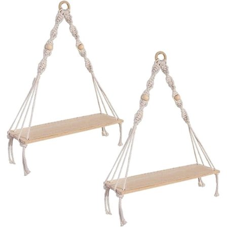 Veggmontert hylle, Boho-hyller med trehylle, 2 håndlagde makramehyller for hengende planter og dekor