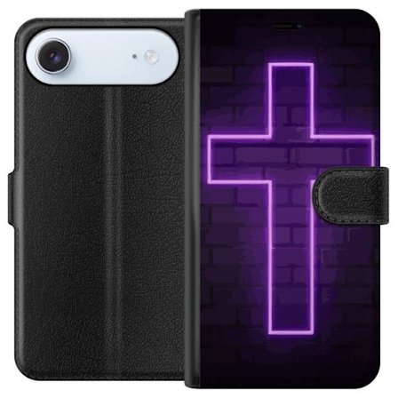 Yhteensopiva Lompakkokotelo Apple Apple iPhone 17 Air Neonristi purppuranvalossa tummaa tiiliseinää vasten, symbolinen motiivi vahvalla hohto modern