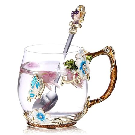 Gifts for Women Lead-Free Glass Coffee Mug, Butterfly Flower Tea Cup, Elegant Style Perfect Drinking Buddy, Easy to Clean for Tea Lovers