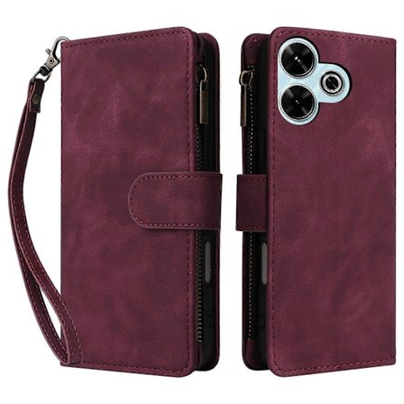 Til Xiaomi Redmi 13 4G / 5G Etui Lynlås Pung Flere Kortpladser Læder Telefon Cover Vinrød