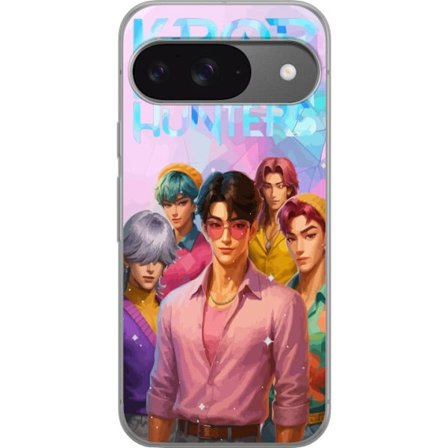 Google Pixel 9 Läpinäkyvä kuori K-Pop Demon Hunters viidellä tyylitellyllä hahmolla värikkäässä pastelliympäristössä, muotiin inspiroitune