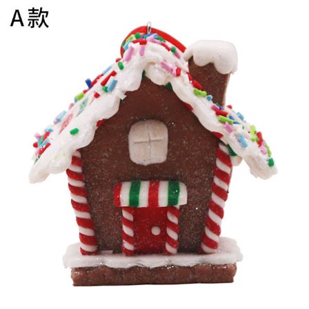 Julgransprydnad i plastlera, kreativ ny juldekoration i form av ett pepparkakshus.