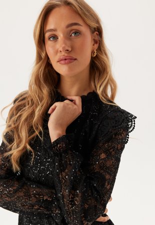 Pieces Pcolline Ls Lace Sequins Top Black Klær