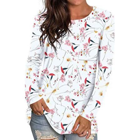 Print För Damer, Geometrisk Långärmad T-shirt Med Ficktoppar