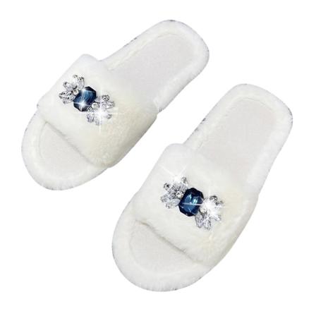 Kvinnor Med Öppen Tå Fluffy Slides Rhinestone Casual Flat Home Shoes