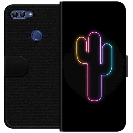 Yhteensopiva Lompakkokotelo Huawei Huawei P smart Neonpiirros kaktuksista vaaleanpunaisessa ja sinisessä valossa tummaa taustaa vasten