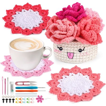 Hæklesæt til Begyndere Voksne, 6 stk. Håndlavede Brikker med 1 Plantepotte Hæklesæt, med Hæklenåle med Video Tutorials