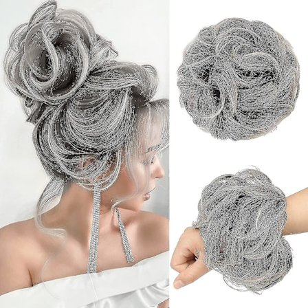 Stor grå hårsløjfe - Messy Bun Hair Piece - Kunstig salt og peber - Let bun - Tousled Updo - Grå hårstykker til kvinder og piger -n521 Z