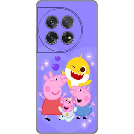 Kompatibelt Mobildeksel til OnePlus 12 Peppa Gris mønster med hjerter, sommerfugler og venner, lys rosa bakgrunn i myke barneillustrasjoner