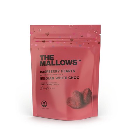 The Mallows Marshmallows Raspberry Hearts + White Chocolate, Helse & Madvarer, Snacks, Øvrigt