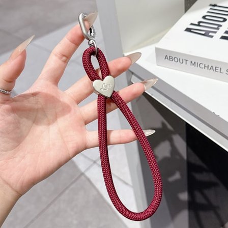 Färgglatt vävt mobilskal med hängande rep, nyckelring, anti-förlust handledsrep, mobilkedja DIY polyester hjärtformat kort rep