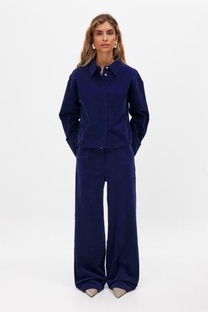 NA-KD Pantalon en velours côtelé à taille basse - Pantalons fluides évasés - Bleu Marine - EU 34