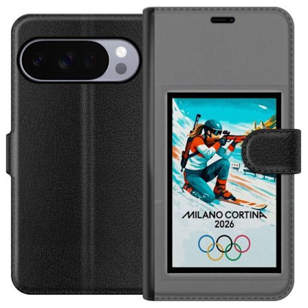 Kompatibelt Lommeboketui til Google Pixel 10 Pro Retroplakat Cortina Milano 2026 med fjell, vintersportsutøvere, italienske trikolor, Milano-katedrale