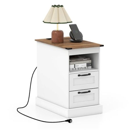 COSTWAY Nattesbord 60 x 35,5 x 62 cm med Opladningsstation, Åben Hylde og 2 Skuffer Hvid