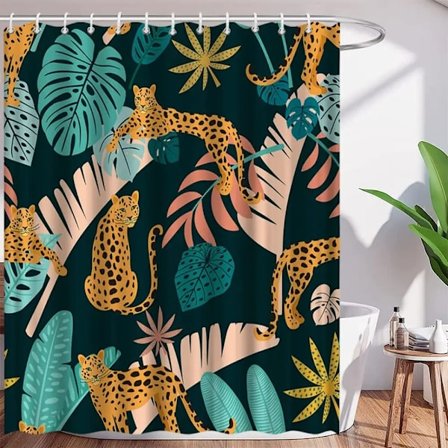 Boho Duschdraperi med Gepard, Tropiskt Leopard Djurliv Baddraperi, Modernt Badrumsdraperi Rosa Estetisk Månfas Blå Blommig,90x180cm-35x70in
