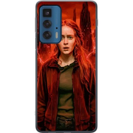 Kompatibelt Mobilskal till Motorola Edge 20 Pro Porträtt av en ung kvinna med rött hår i en apokalyptisk landskap, röda blixtar och mörka klippfo