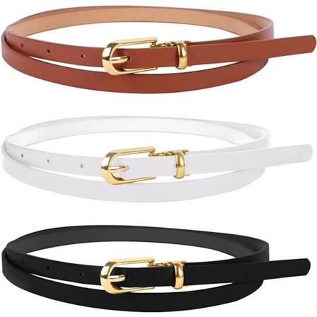 3-pakning med tynne skinnbelter for kvinner, 41,3 tommer justerbart tynt midjebelte med legeringsspenne, for kjoler, jeans, bukser, frakk, klassisk 