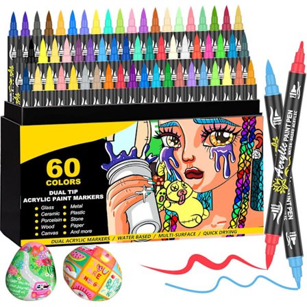 60 farver dobbelt spids akrylfarve penne sæt - akrylmarkører med pensel og fin spids til stenmaling, træ, glas, keramik, sten, stof, kunst Pro