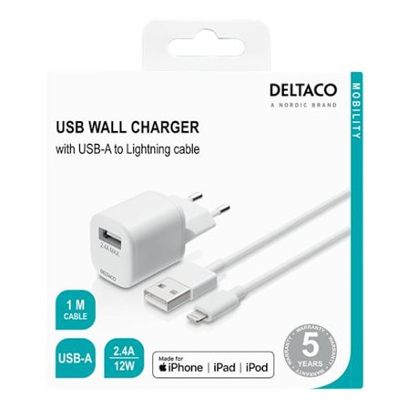 Deltaco PD Väggladdare med USB-A till Lightning Kabel 1m, 20W - Vit