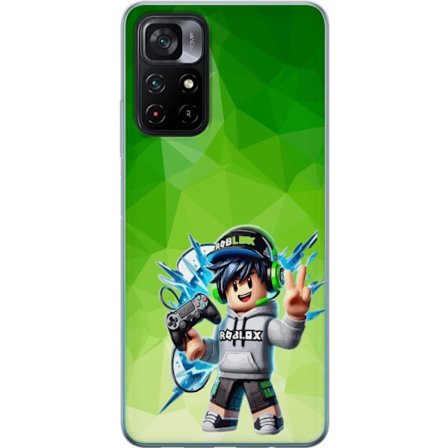 Kompatibelt Mobildeksel til Xiaomi Poco M4 Pro 5G Roblox-inspirert gamerfigur med headset, håndkontroll og energiske effekter mot grønn bakgrunn
