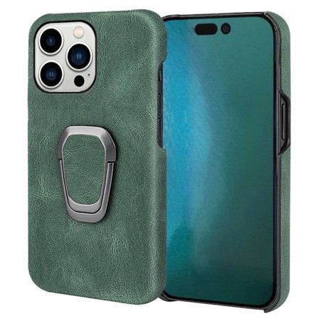 Shockproof Läder Skal med Oval Kickstand till iPhone 14 Pro - Grön