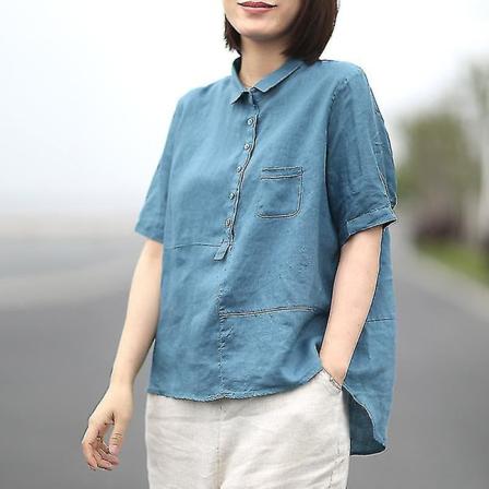 Damer sommar bomull Linne blus Skjorta Casual Solid Elegant Chemise Sleeve Toppar Blue