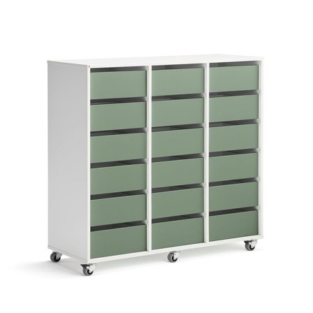 Elevförvaring CASPER, 18 lådor, hjul, vit, mörkgrön