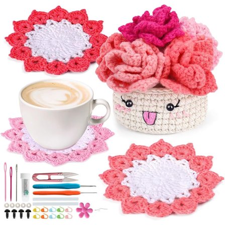 Hæklesæt til begyndere voksne, 6 stk. håndlavede bordskånere med 1 plantepotte hæklesæt, med hæklenåle med videoinstruktion