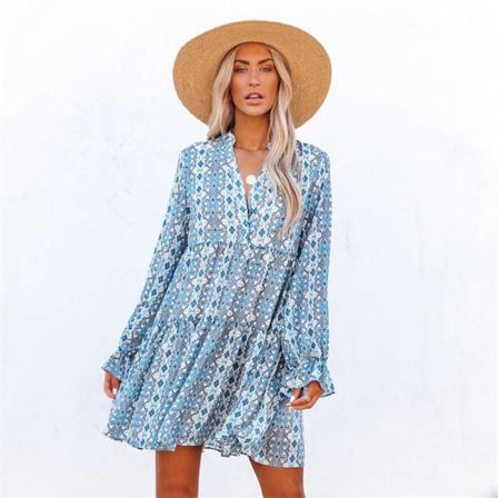 Kvinnor Boho Elegant Flare Sleeve Mini Klänning Sommar Lös Casual