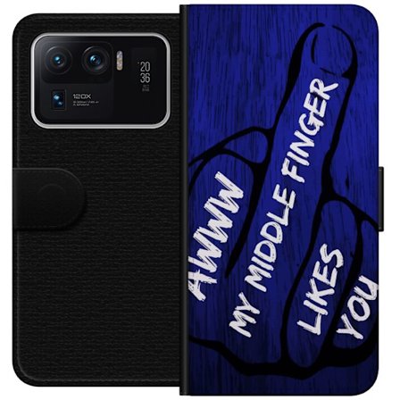 Kompatibelt Lommeboketui til Xiaomi Mi 11 Ultra Mørk typografisk illustrasjon med hjerteform og budskap om vennskap mot dyp blå tretekstur