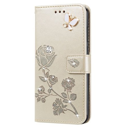 Fodral för Samsung S24/S25 guld fjäril diamant kortplats ros läder prick diamant