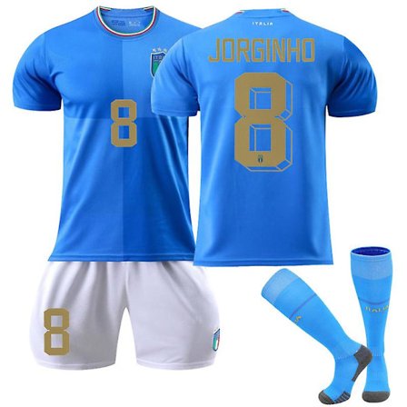 Italien 22/23 Hemtröja VM Jorginho #8 Fotbollströja T-shirt Shorts Kit Fotboll 3-delade set för barn Vuxna