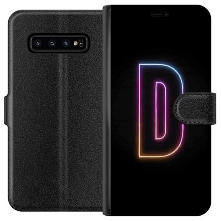 Kompatibel Tegnebogsetui til Samsung Samsung Galaxy S10 Minimalistisk neonbogstav D i farveskiftende lys mod sort baggrund i moderne digital design
