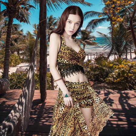 Sexig hög midja leopardmönster för kvinnor 3 delar baddräkt