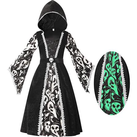 Noittakostuumi tyt ille, musta mekko tummalla noitakuviolla tytt jen halloween-asuja ja roolileikkej varten Medium (8-10 yrs)