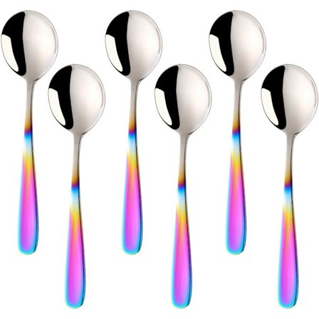 Bouillon ske sæt, 7-tommer runde suppeskeer, rustfrit stål færdige bordskeer (Gradient Rainbow)