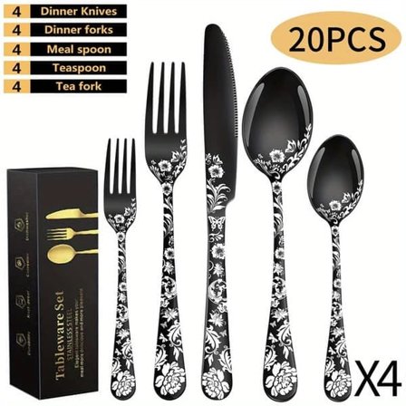 20-delt bestikksett, rustfritt stål, speilpolert kniv og gaffel, komplett middagsservise