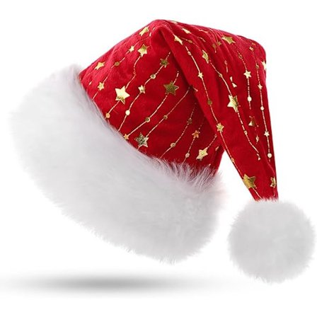 Julemandshue til Voksne, Plysset Julehue med Guldstjerner, Varmt Stor Julehue til Mænd og Kvinder