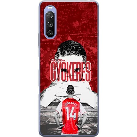 Yhteensopiva Puhelinkuori Sony Xperia 10 III Punainen dramaattinen kollaasikuva, jossa esiintyy Viktor Gyökeresin muotokuva ja pelaajia takaapäin aree