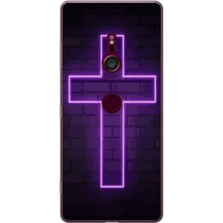 Yhteensopiva Puhelinkuori Sony Sony Xperia XZ3 Neonristi purppuranvalossa tummaa tiiliseinää vasten, symbolinen motiivi vahvalla hohto moderni estee