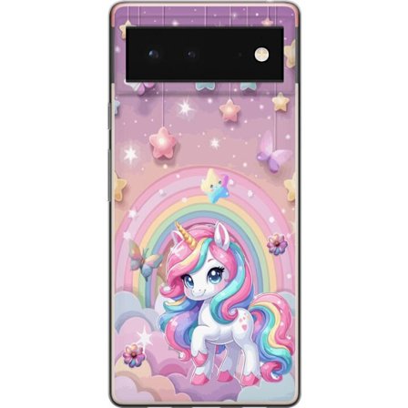 Kompatibel Mobilcover til Google Pixel 6 Magisk enhjørning med regnbue manke, stjerner og sommerfugle mod en pastelfarvet himmel med skyer