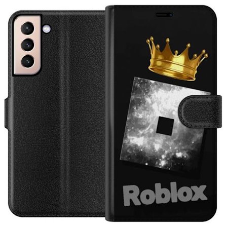 Kompatibelt Lommeboketui til Samsung Samsung Galaxy S21 Minimalistisk svart og sølvfarget Roblox-symbol med gylden krone og luksuriøs gamer-estetikk