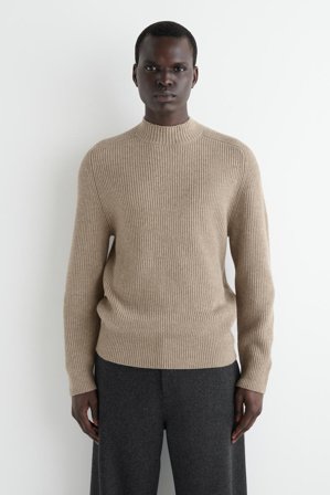 COS Men's Ribbed Wool Funnel Neck Jumper in Beige