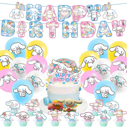 Cinnamoroll Fødselsdagsfest Dekorationer, Kawaii Cinnamoroll Hunde Festartikler, Inkluderer Fødselsdagsbanner, Balloner, Hvalpe Kage Toppers Til Børn