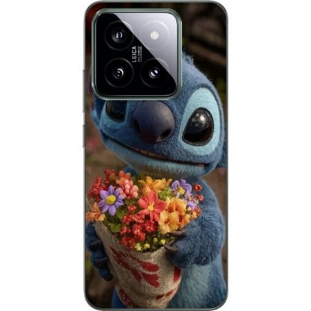 Kompatibel Mobilcover til Xiaomi Xiaomi 14 Sød blå figur med store øjne, der holder en farverig buket i en varm og kær stil