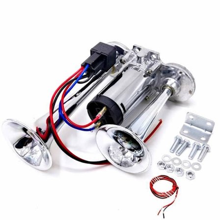 YIYIDA 12V Lufthorn, dobbelt rør, sølv, elektrisk bilhorn, 160DB, zink krom finish, med luftpumpe motor