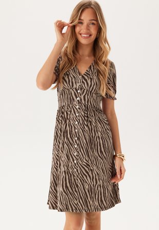 Bubbleroom - Short Button Dress - Brown/Beige - Kläder